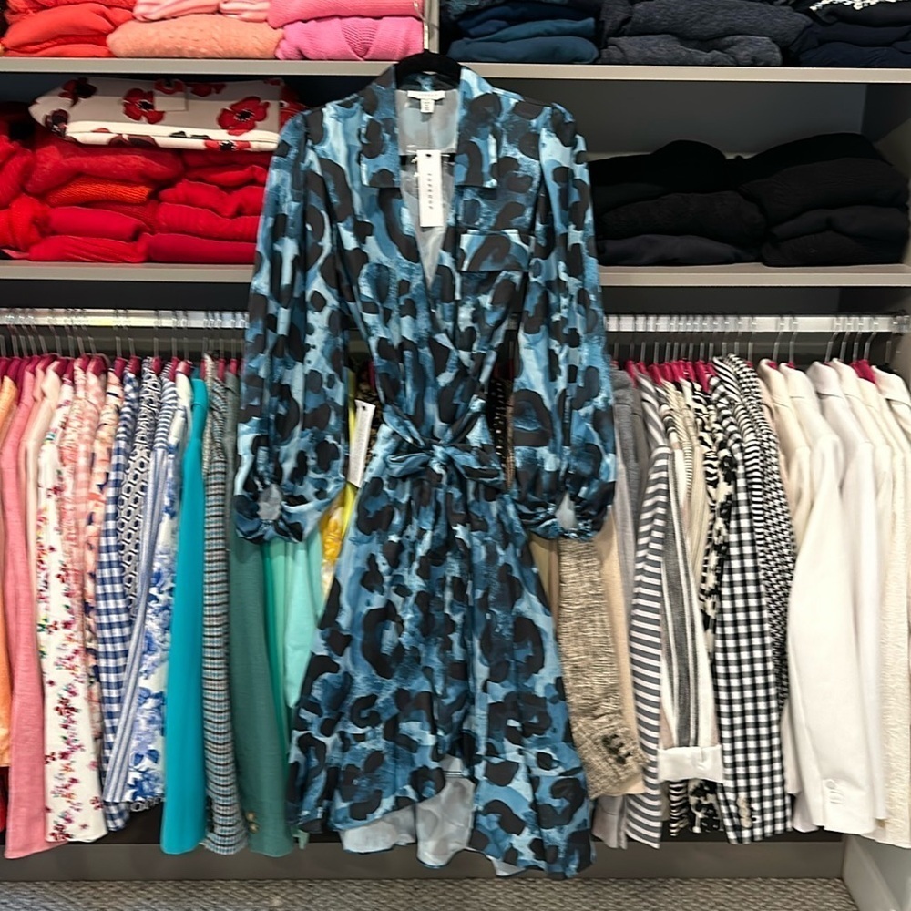 Topshop blue/black print long sleeve wrap dress size 2 NWT